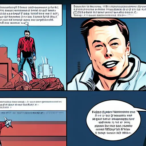 Prompt: a comic book about Elon musk ruining his career