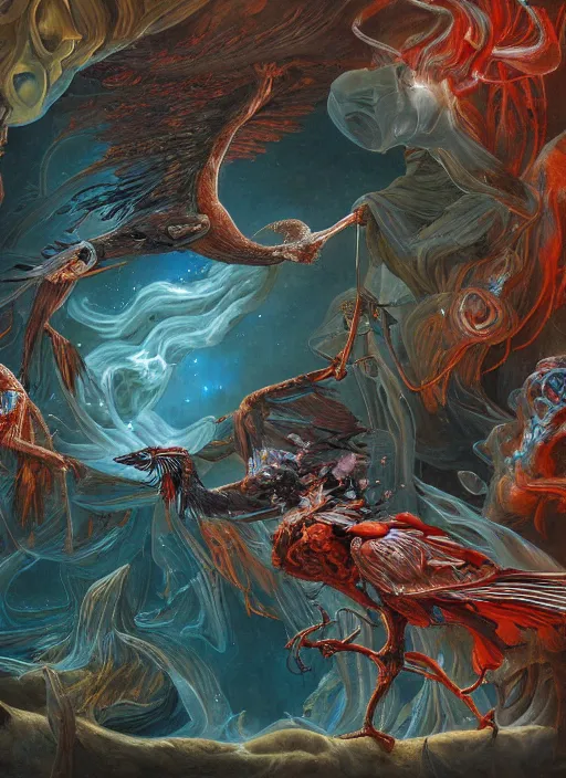 Prompt: an anatomical oil painting of a bioluminescent Bird from a medical journal by Nychos, Julie Bell, Peter Mohrbacher highly detailed, high detail, 8k, birds, mushrooms, flowing fabric, splashes of red, dramatic lighting