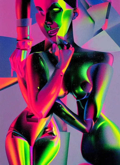 Image similar to futuristic lasers tracing, colorsmoke, fullbodysuit, pyramid hoodvisor, raindrops, wet, oiled, beautiful cyborg girl pinup, by steven meisel, kaws, rolf armstrong, cubist perfect geometry abstract acrylic, hyperrealism photorealistic airbrush collage painting, monochrome, neon fluorescent colors, minimalist rule of thirds, eighties eros