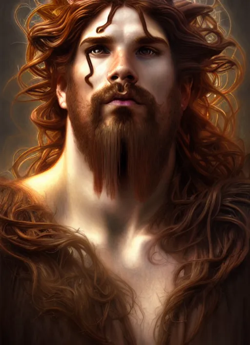 Image similar to portrait of demigod hercules, long wavy auburn hair, wild boar hide, glowing eyes, volumetric lights, forest, art nouveau botanicals, gothic, intricate, highly detailed, digital painting, artstation, concept art, smooth, sharp focus, symmetric face, illustration, steampunk, art by artgerm and greg rutkowski and alphonse mucha