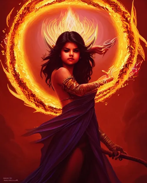 Prompt: Selena Gomez as a sorceress levitating and casting a fire spell, surrounded by fire, D&D, fantasy, intricate, elegant, highly detailed, digital painting, artstation, concept art, matte, sharp focus, illustration, hearthstone, art by Artgerm and Greg Rutkowski and Alphonse Mucha