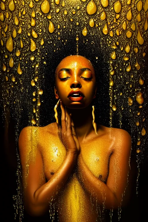 Prompt: hyperrealistic cinematic very expressive! black oshun goddess, in water up to her shoulders, mirror dripping droplet!, gold flowers, highly detailed face, digital art masterpiece, smooth eric zener cam de leon, dynamic pearlescent teal light, tilt angle uhd 8 k, sharp focus