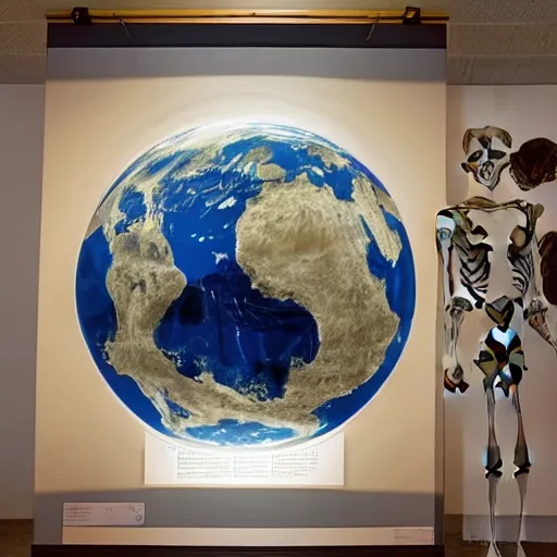 Prompt: A human skeleton in a museum with a picture of planet Earth next to it, science fiction