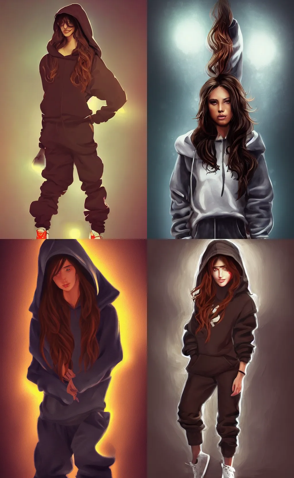 Prompt: beautiful brunette girl in oversized hoodie, pants and high top sneakers, wavy long hair, full body artstation concept painting character design, backlit dramatic lighting detailed realism