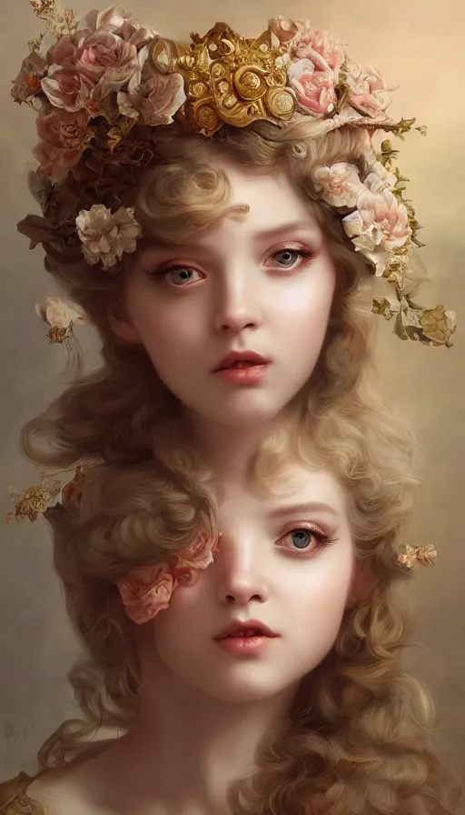 Image similar to pop surrealism, rococo, baroque hair, angelic young female seductive - fine - face, pretty face, key visual, realistic shaded perfect face, fine details by stanley artgerm lau, wlop, mark ryden, andrei riabovitchev, marc simonetti, and sakimichan, trending on artstation