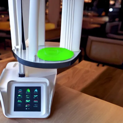 Prompt: machine that 3d prints fancy meals at restaurant table