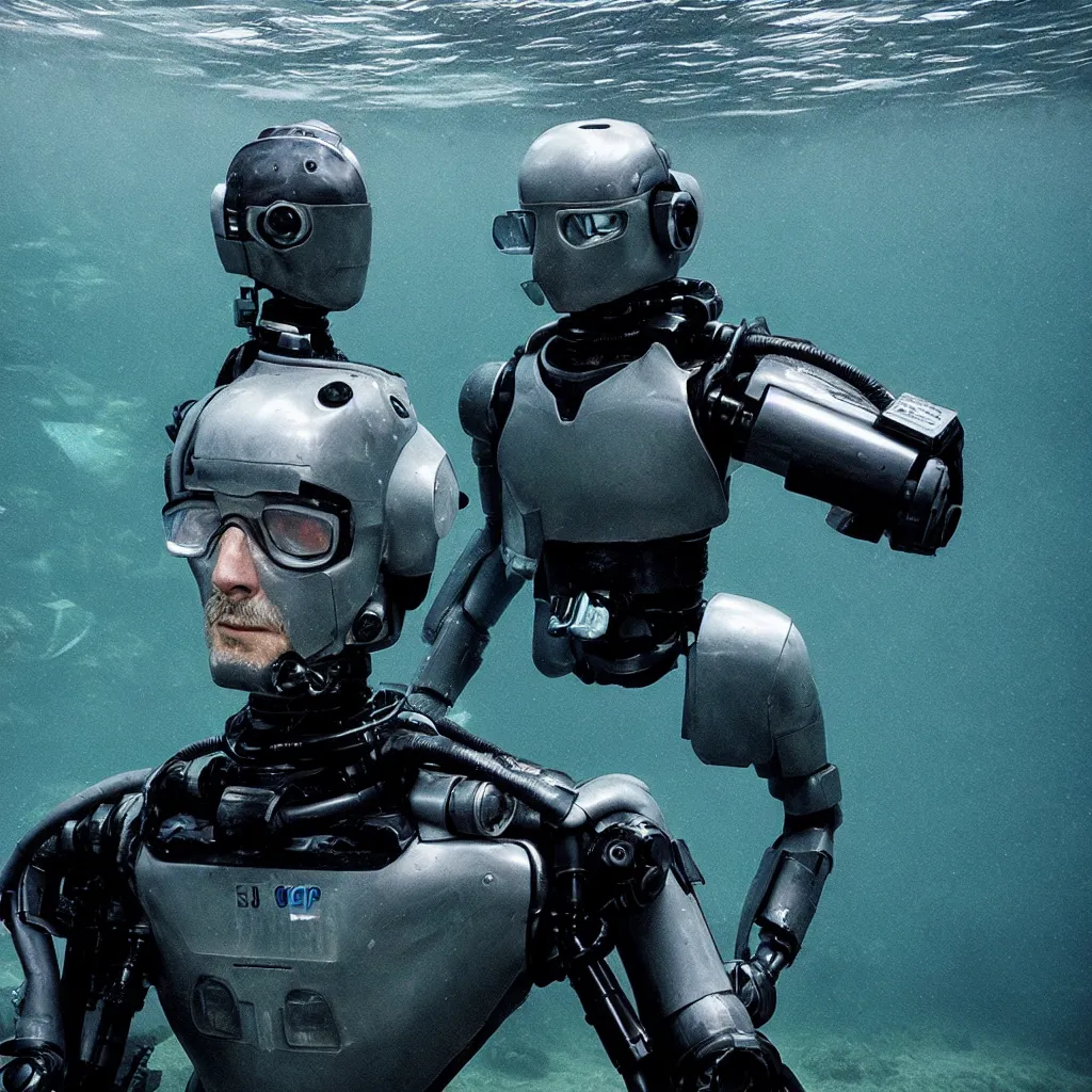 Prompt: An Alec Soth portrait photo of Robocop underwater