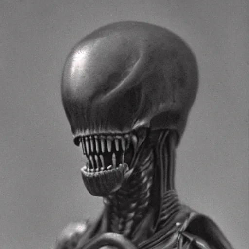 Image similar to photograph of xenomorph by edwardian, male, 1 9 0 0 s, 1 9 1 0 s, grainy, slightly blurry, faded, realistic face