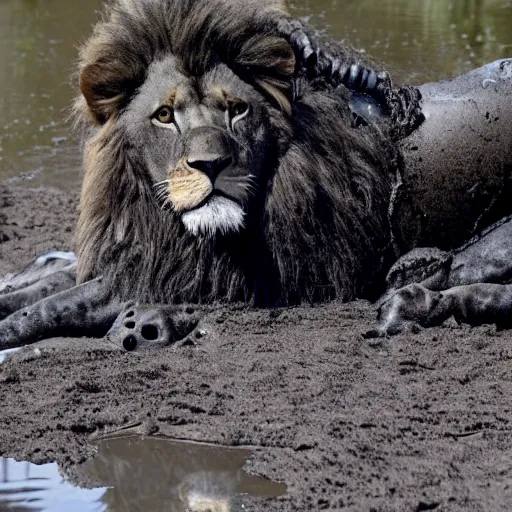 Prompt: a shiny black gooey covered lion emerging from gooey sticky tar pits, strands of tar sticking to the lion. wildlife photography, photo, dslr, safari, full body, goo