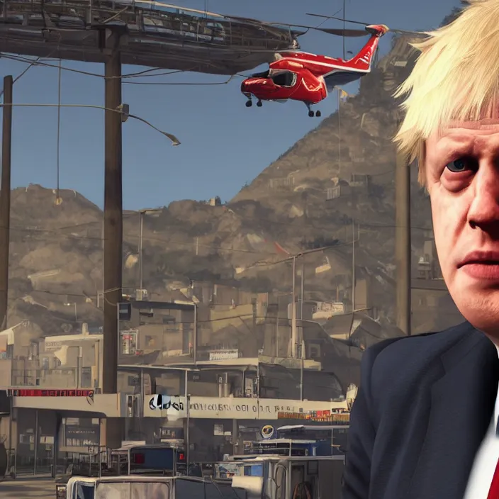 Prompt: Boris Johnson in GTA V, Cover art by Stephen Bliss, Loading Screen, Boxart