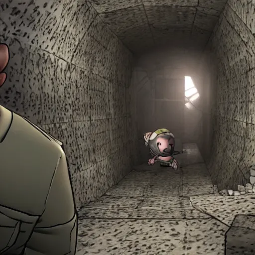 Prompt: while attempting to rejoin the others, gordon and dog are separated from alyx by a collapsed ceiling, and gordon is forced to escape down the tunnel to ravenholm.