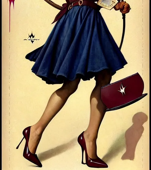 Image similar to a beautiful lady as a magic the gathering card by magali villeneuve and gil elvgren and norman rockwell, crisp details, hyperrealism, smiling, happy, feminine facial features, stylish navy blue heels, gold chain belt, cream colored blouse, maroon hat, windblown, holding a leather purse, mtg