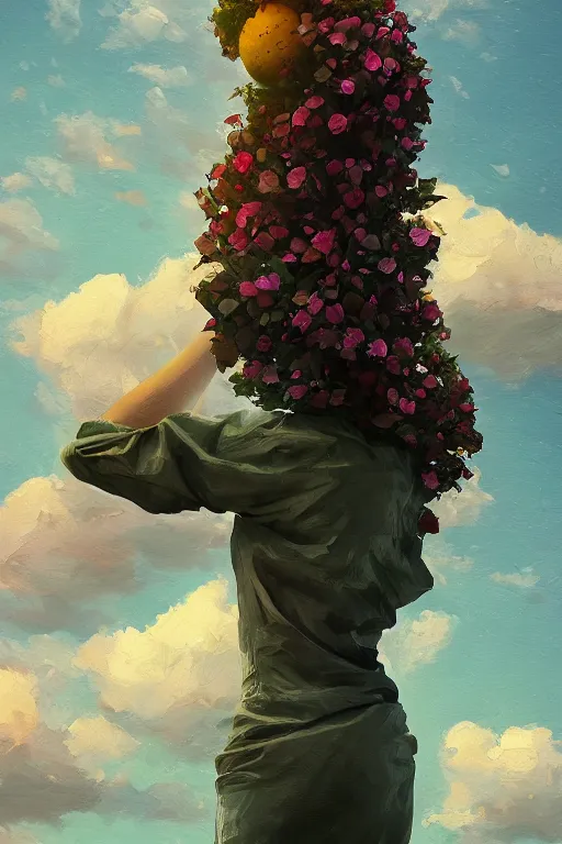 Prompt: a portrait, giant flower head, a girl standing on pillar, surreal photography, wind and cold, dramatic sky, impressionist painting, digital painting, artstation, simon stalenhag