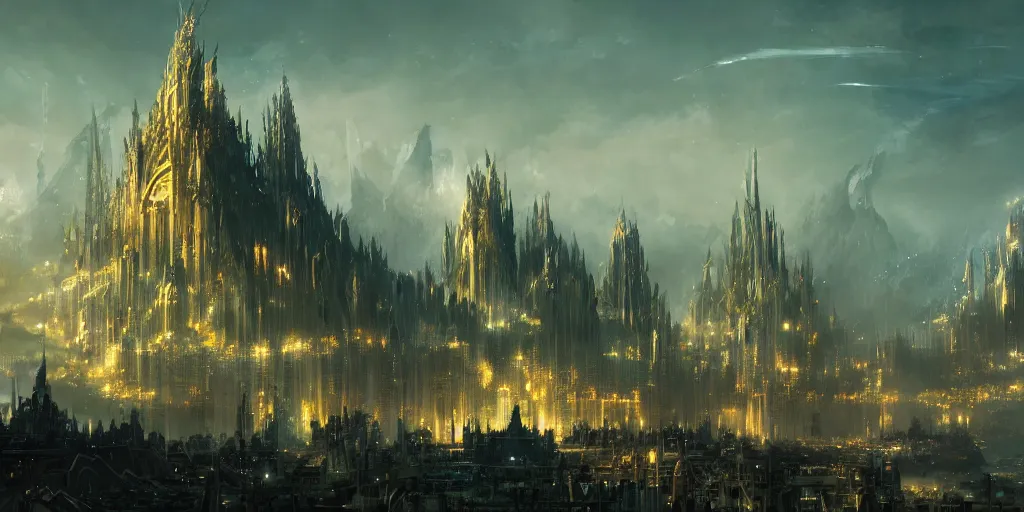 Image similar to majestic epic elven city by the ocean, with high golden towers. In style of Yoji Shinkawa and Hyung-tae Kim, trending on ArtStation, Greg Rutkowski, dark fantasy, great composition, concept art, highly detailed, scenery, 8K.