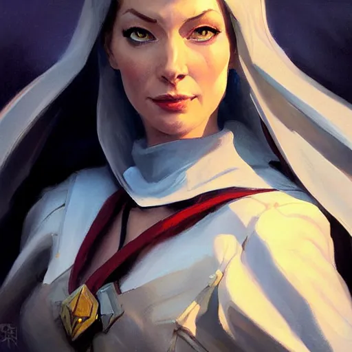 Image similar to greg manchess portrait painting of galadriel as overwatch character, medium shot, asymmetrical, profile picture, organic painting, sunny day, matte painting, bold shapes, hard edges, street art, trending on artstation, by huang guangjian and gil elvgren and sachin teng