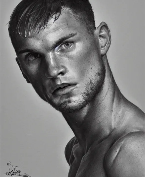 Image similar to portrait of a handsome young swedish boxer, art by denys tsiperko and bogdan rezunenko, hyperrealism