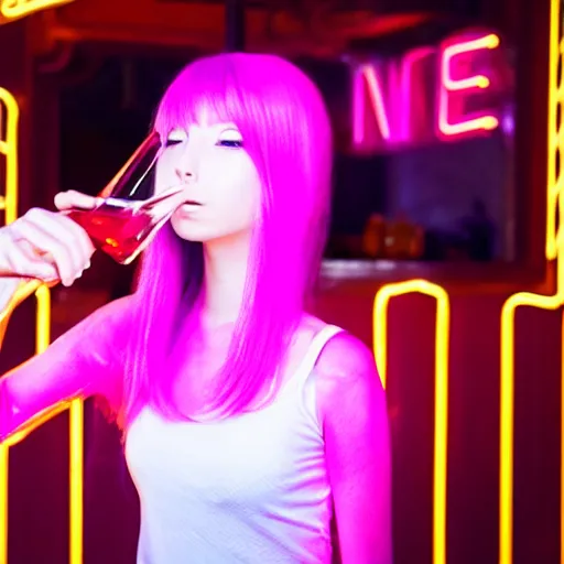 Prompt: anime girl drinking wine from a neon bar