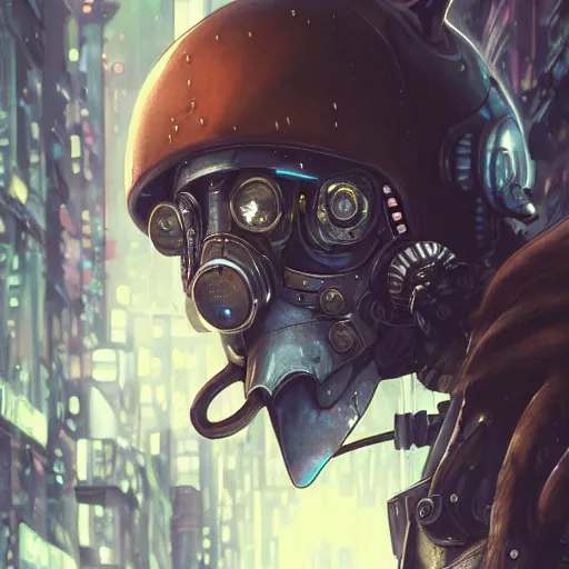 Prompt: highly detailed close up portrait of Gonzo the great ((Gonzo the Great)) in the rainy streets of a cyberpunk dystopia, by Artgerm,Greg Rutkowski,Alphonse Mucha, 4k resolution, nier:automata inspired, bravely default inspired ((dystopian cyberpunk background))