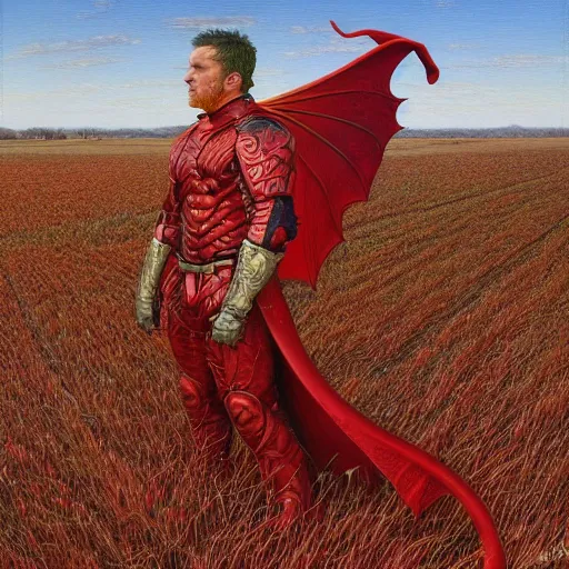 Image similar to The red dragon standing in an open field, art by Donato Giancola and James Gurney, digital art, trending on artstation