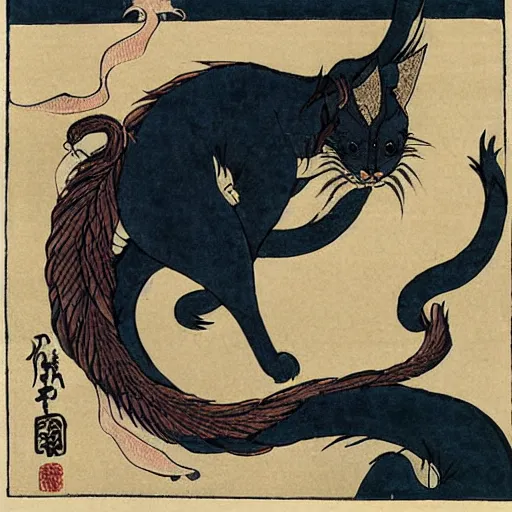 Prompt: a beautiful cat with dragon wings, illustration by hokusai