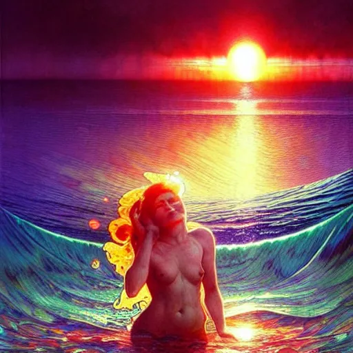 Image similar to ocean wave around psychedelic mushroom, lsd water, dmt droplets, backlit, sunset, refracted lighting, art by collier, albert aublet, krenz cushart, artem demura, alphonse mucha