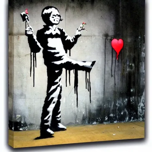 Image similar to banksy art addict painting on canvas