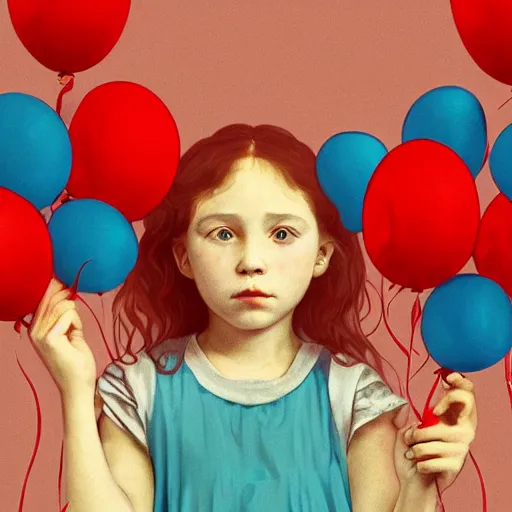 Prompt: close up photo by todd solondz of a shy young girl facing the camera with a quizzical expression holding dozens of red balloons by their strings, todd solondz, alphonse mucha, rhads, rebecca guay, artstation, artgerm, octane render
