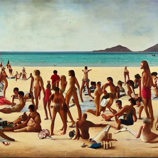 Image similar to an art piece depicting a social gathering on a beach in the style of richard hamilton