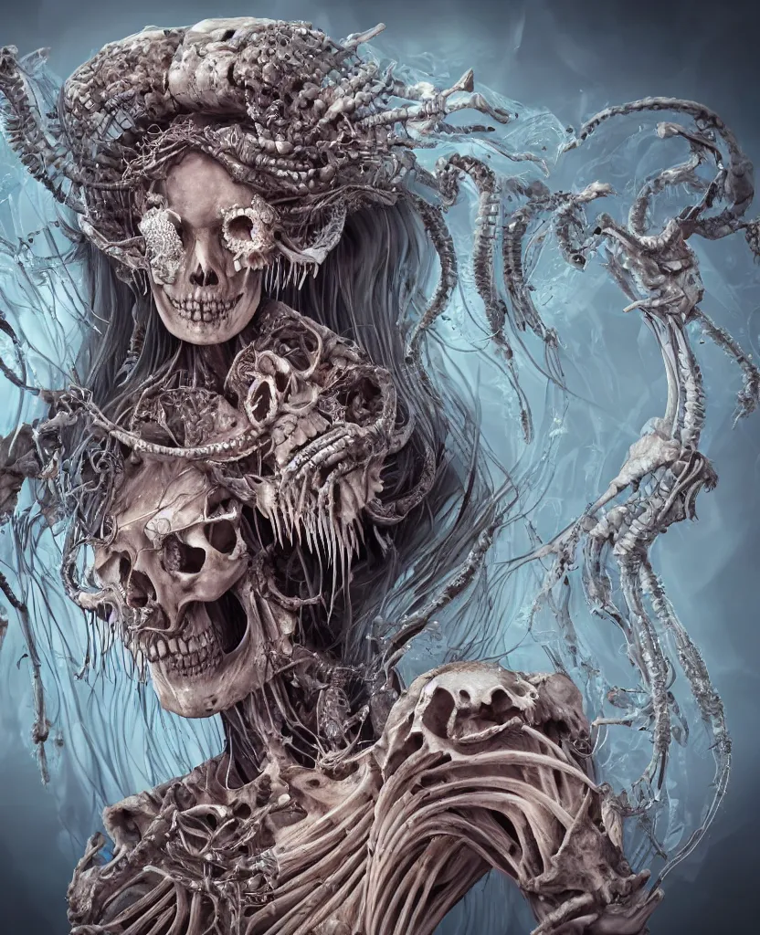 Image similar to close-up macro portrait of the face of a beautiful princess with animal skull mask and ribcage, skeleton epic angle and pose, symmetrical artwork, 3d with depth of field, blurred background, cybernetic jellyfish female face skull phoenix bird, translucent, nautilus, energy flows of water and fire. a highly detailed epic cinematic concept art CG render. made in Maya, Blender and Photoshop, octane render, excellent composition, cinematic dystopian brutalist atmosphere, dynamic dramatic cinematic lighting, aesthetic, very inspirational, arthouse. y Greg Rutkowski, Ilya Kuvshinov, WLOP, Stanley Artgerm Lau, Ruan Jia and Fenghua Zhong