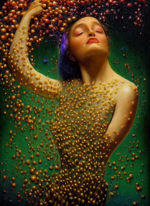 Image similar to hyper detailed 3d render like a Oil painting - Aurora (Singer) Eats of the Strangling Fruit and Her delicate Hands hold of gossamer thin polyp celium blossoms bring iridescent fungal flowers whose spores black the foolish stars by Jacek Yerka, Mariusz Lewandowski, Houdini algorithmic generative render, Abstract brush strokes, Masterpiece, Edward Hopper and James Gilleard, Zdzislaw Beksinski, Mark Ryden, Wolfgang Lettl, hints of Yayoi Kasuma, octane render, unreal engine 5 render, 8k