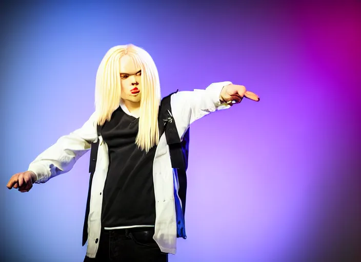 Image similar to waifish androgynous person with mid length blond hair on stage in front of an audience alien instruments zeiss lens masterpiece stage lighting photograph by torbjorn rodland high contrast rule of thirds 8 k