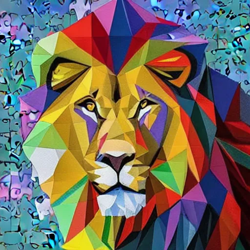 Prompt: a jigsaw puzzle of a low-poly lion, the pieces scrambled