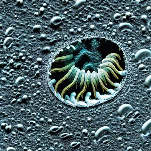 Prompt: deep ocean scale worm ( lepidonotopodium piscesae ), coloured scanning electron micrograph