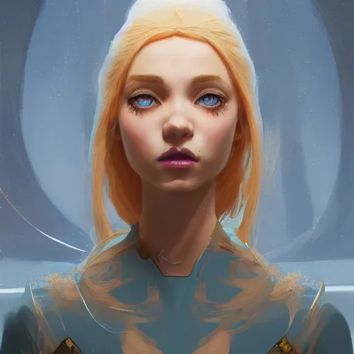 Image similar to a painting of an female elf wearing a skintight dress with blonde hair and blue eyes, an ultrafine hyperdetailed illustration by tooth wu and wlop and beeple and greg rutkowski, trending on artstation, highly detailed, 4 k, 8 k