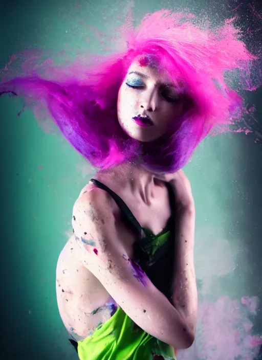 Image similar to a dramatic lighting photo of a beautiful young woman with cotton candy hair. paint splashes. moody, melanchonic. with a little bit of green and black