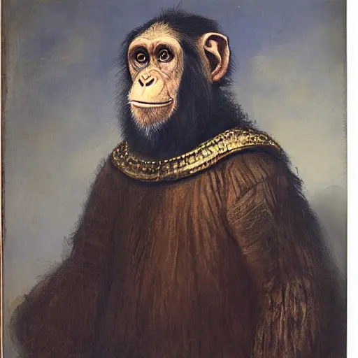 Prompt: A Rembrandt painting of a chimpanzee in military uniform