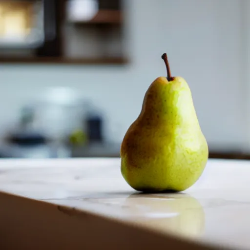 Prompt: a pear sitting on the counter top that is a symbol of capitalism rotting society from the inside out