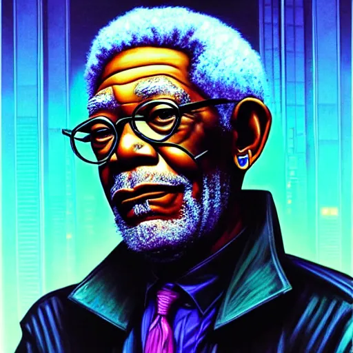 Image similar to portrait painting of a cyberpunk elf corporate boss morgan freeman, sharp focus, award - winning, trending on artstation, masterpiece, highly detailed, intricate. art by josan gonzales and moebius and deathburger