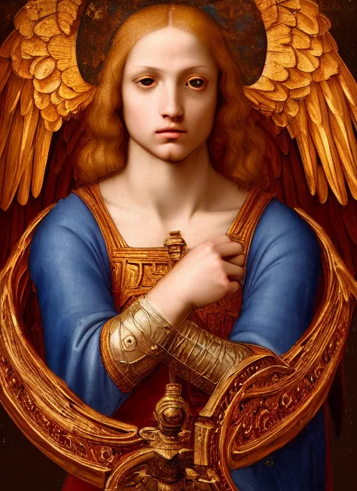 Image similar to a beautiful intricate renaissance painting portrait of a man angel aasimar knight in an ornate completely red heavy armor with a shining heavenly sword and giant blue wings, by Raphael, Leonardo DaVinci, great masterpiece, award winning historic painting, dynamic composition, trending on artstation,4k, 8k