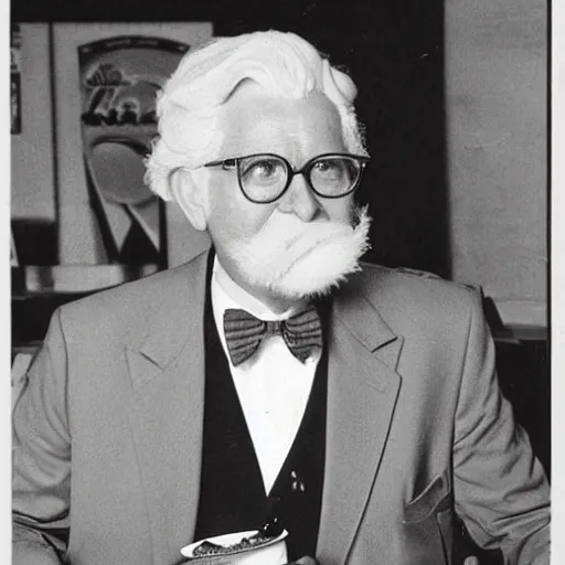 Prompt: An old vintage photograph of Colonel Sanders eating at McDonalds, 4k, highly detailed, photorealistic