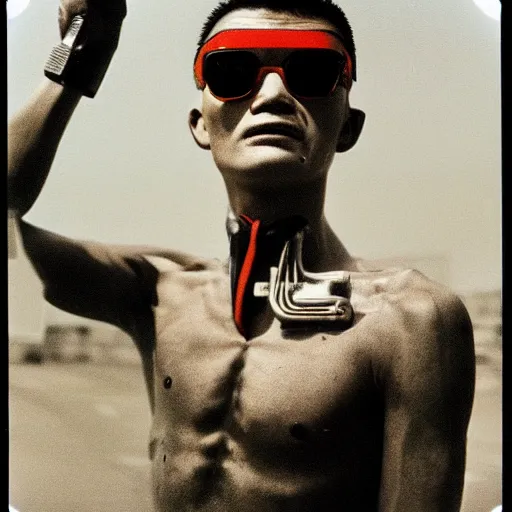 Image similar to a mongolian cyborg at a gas station, 9 0 s polaroid, by jamel shabbaz, robert mapplethorpe, davide sorrenti