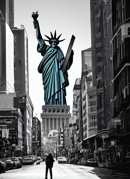 Image similar to giant monster walking between buildings, and it has the angry face of the statue of liberty