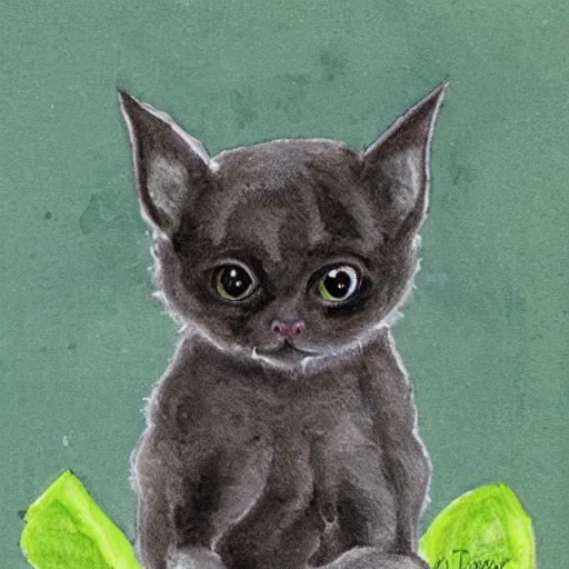 Image similar to a child drawning of a bat kitten sitting in the forest