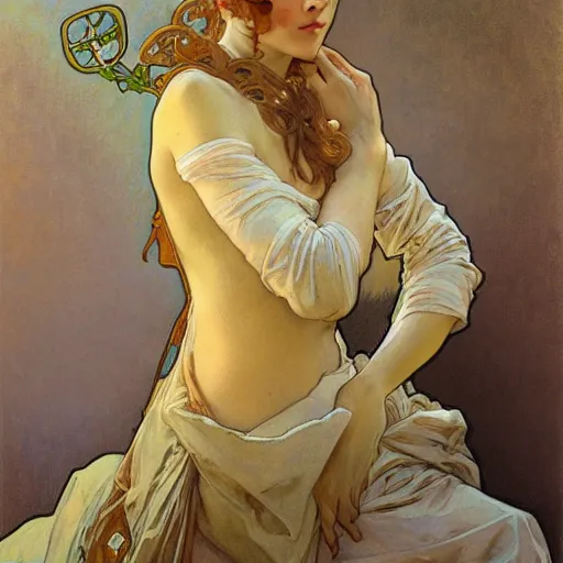 Prompt: alphonse mucha, j. c. leyendecker, and ruan jia combined art