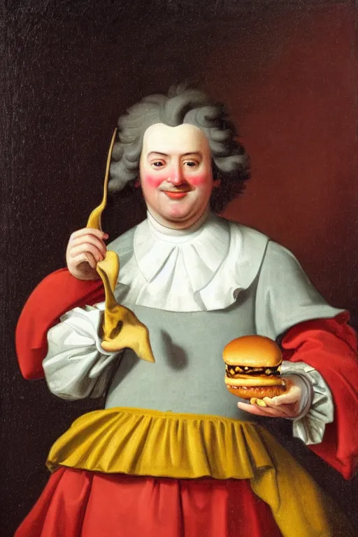 Prompt: 18th century portrait representing Ronald McDonald holding a large greasy hamburger, monarchic iconography, royal commission, by Jacques-Louis David, Louvre museum catalog photography