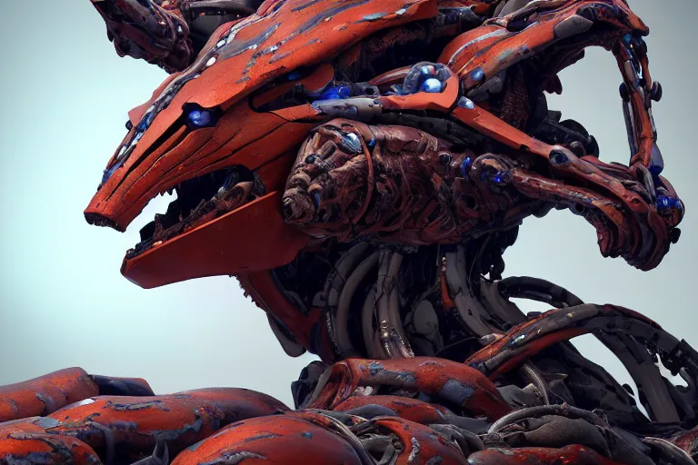 Image similar to portrait of a posed hyper detailed brown and ultramarine leaplasher evangelion realistic mechanical and fleshy organic creature similar look as horizon forbidden west horizon zero dawn bioluminiscence in a dark deep forest at dawn in spring, with reflection and textures, by kilian eng, substance painter reaslitic mech surface metal painted scratches