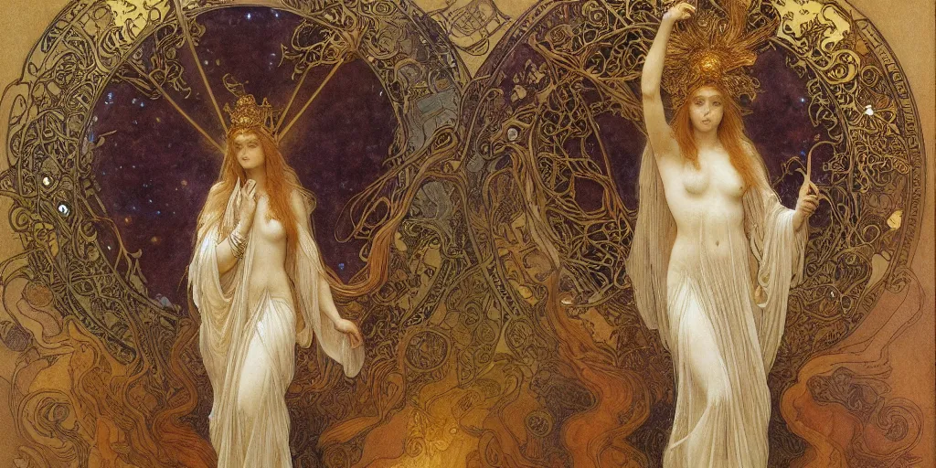 Image similar to portrait burning saint face, venus, athena, halo, by alphons mucha and annie swynnerton and jean delville, strong dramatic cinematic lighting, ornate headdress, flowing robes, spines, flowers, stars, lost civilizations, smooth, sharp focus, extremely detailed, marble, molten gold, space