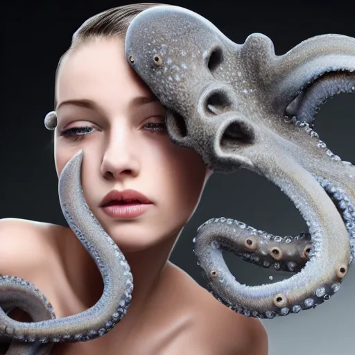 Image similar to A girl with a gray octopus for hair, very young and beautiful face, silver eyes, HD, hyper realistic