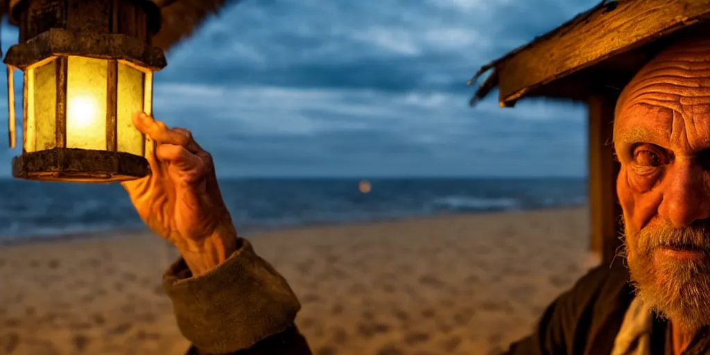 Image similar to film still of closeup old man holding up lantern by his beach hut at night. pirate ship in the ocean by emmanuel lubezki