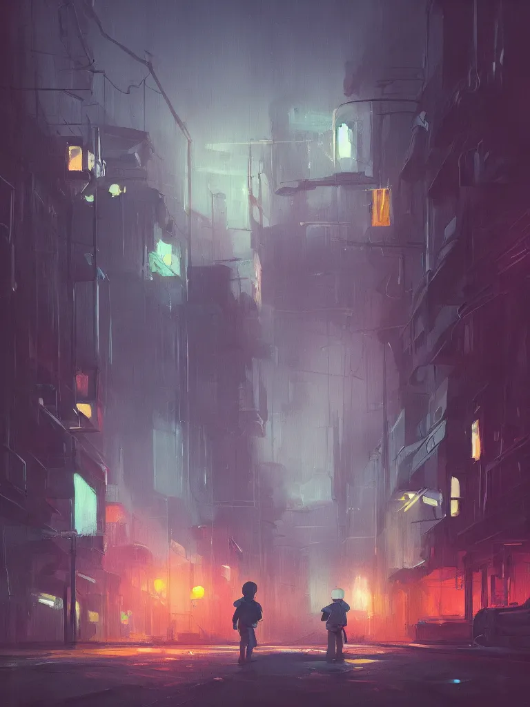 Image similar to one single little boy in a dark street in a big city with neonlights by night a painting from stalenhag, 4 k, 8 k, hdr, artstation, concept art